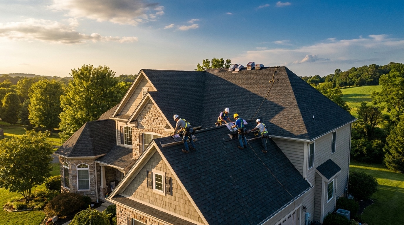 Elevate Roofing crew installing architectural shingles on a home at sunset