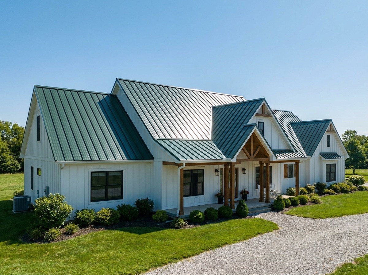 Standing seam metal roof on a farmhouse