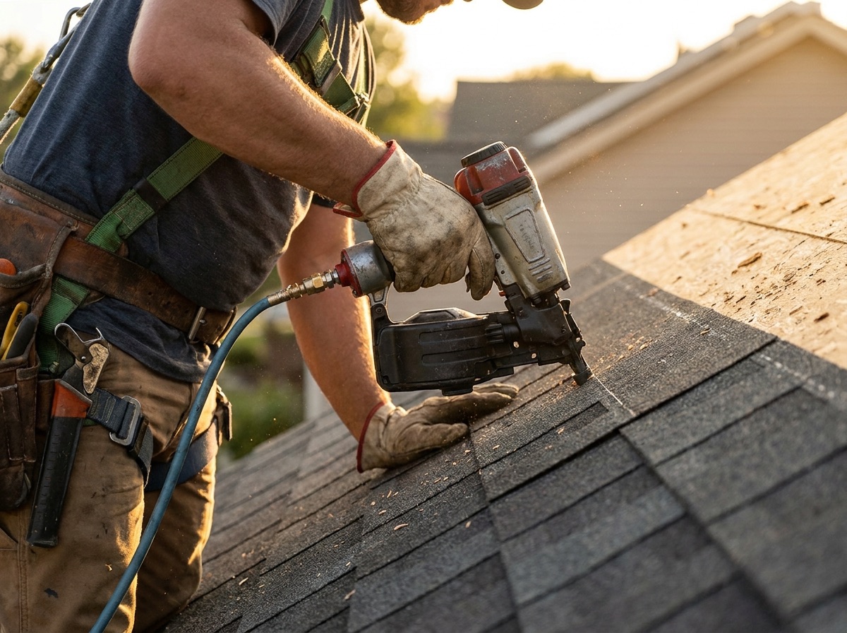 Roofer repairing asphalt shingles