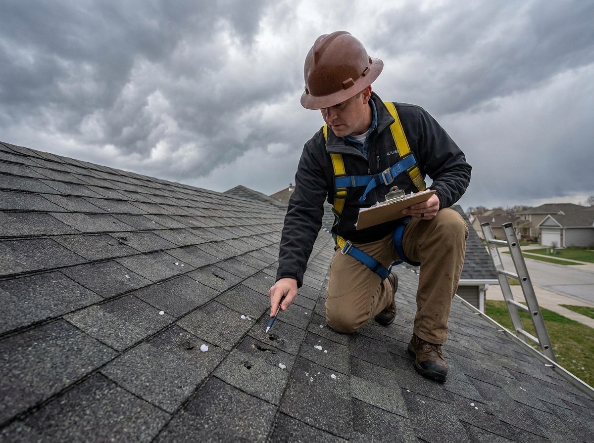 Inspector documenting hail damage on a roof